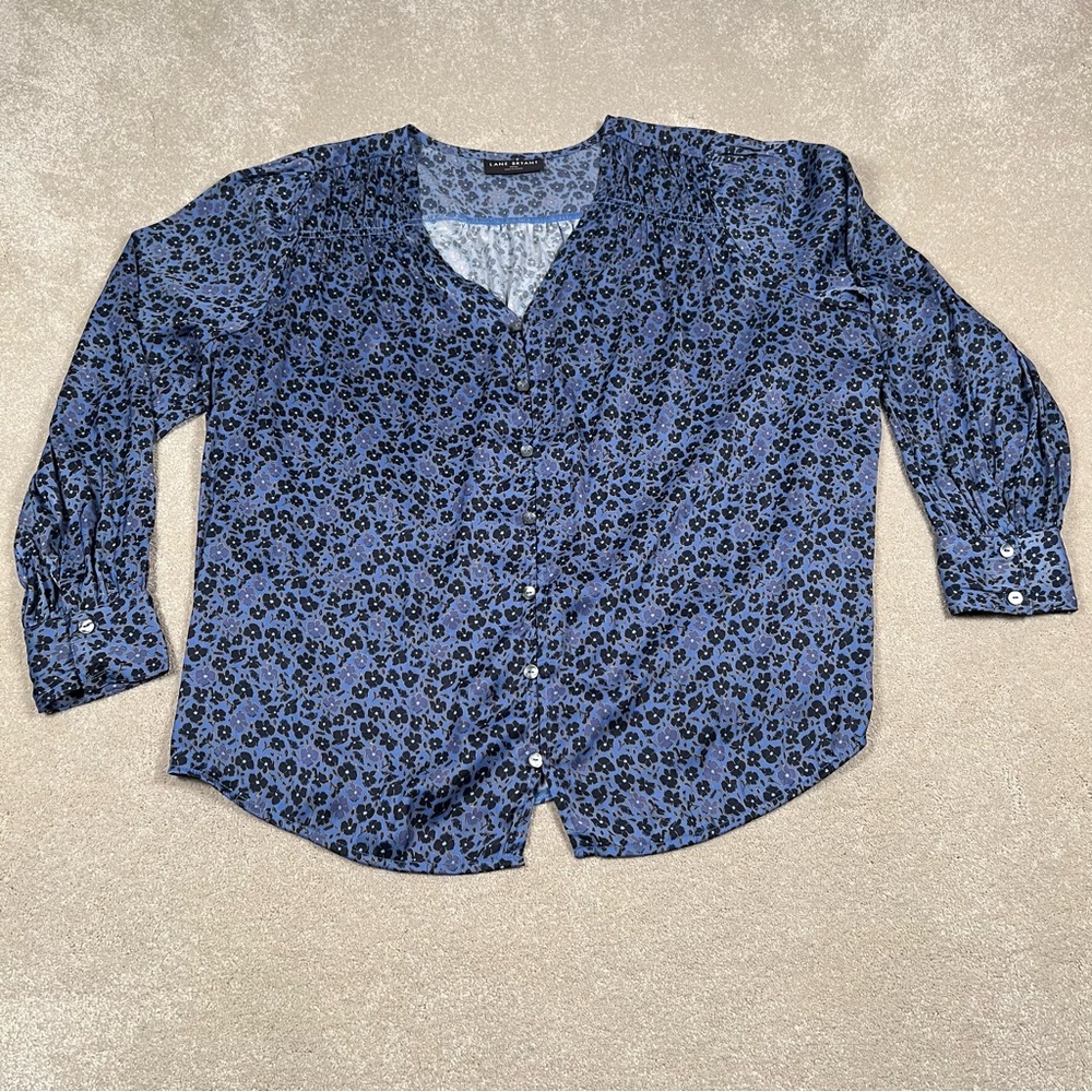 Lane Bryant‎ LS Blouse Blue Floral Silky Polyester Button Front Women's 14/16